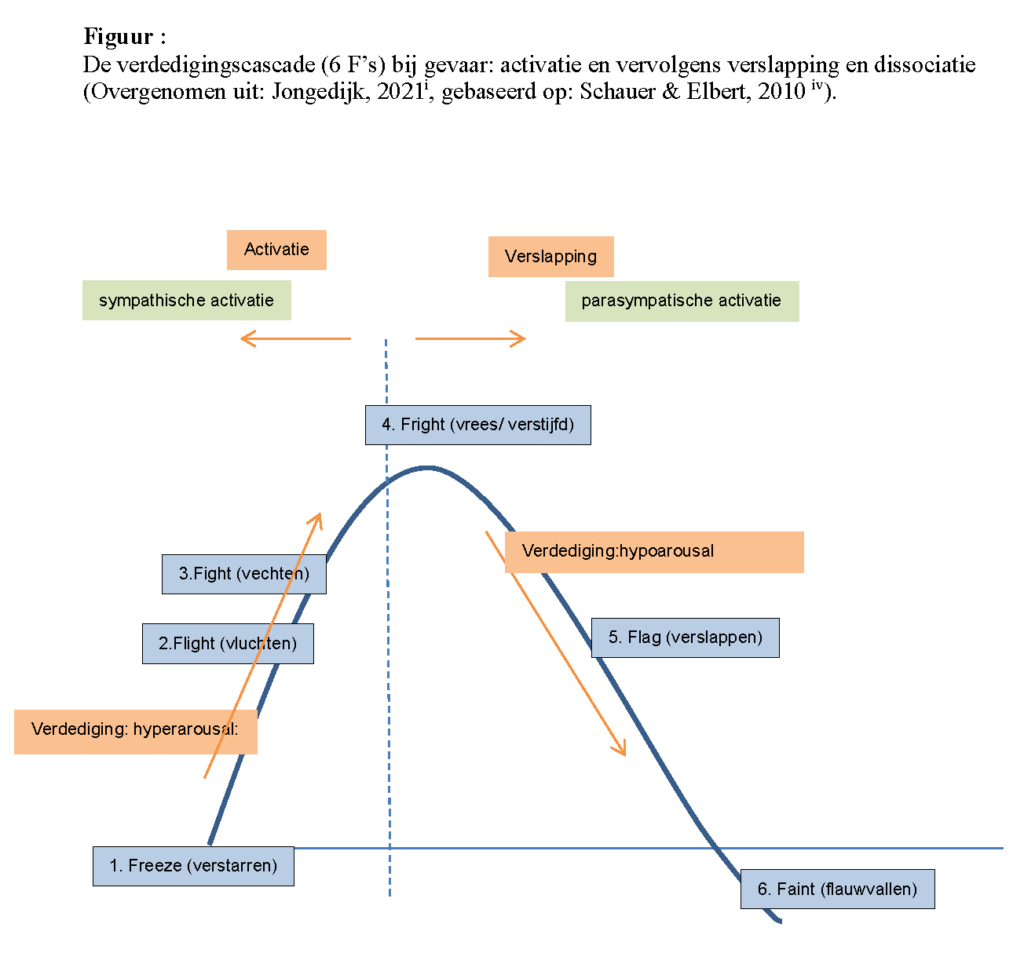 Figuur de verdedigingscascade (6 F's) bij gevaar uit het boek Levensverhalen en psychotrauma. Narratieve Exposure Therapie in de praktijk, Jongedijk, Amsterdam: Boom.