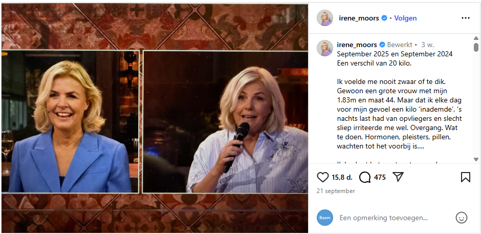 Screenshot van een Instagrampost van TV-presentatrice Irene Moors over haar afvalverhaal. (Instagram, 2025)